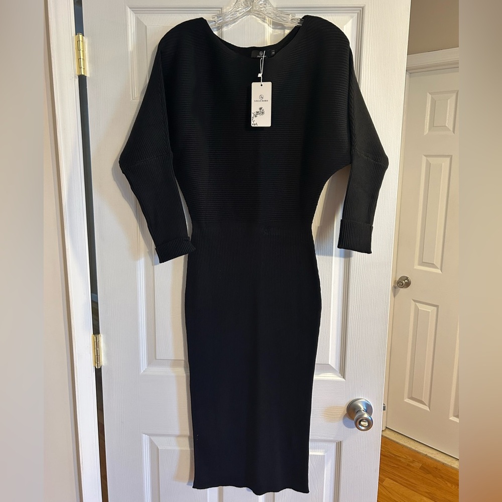 Lillusory Black Ribbed Midi Dress(NWT)